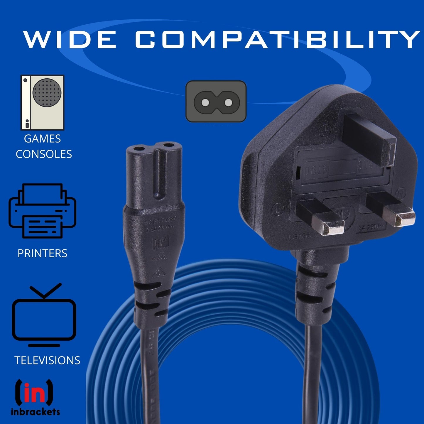 . 5m UK Mains Plug to C7 Lead Non-rewireable for PS5 TV Xbox