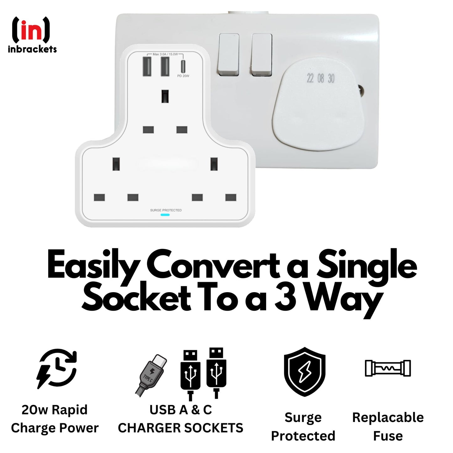 Three way Socket Adaptor with USB A & C Chargers Surge Protected 3 Sockets