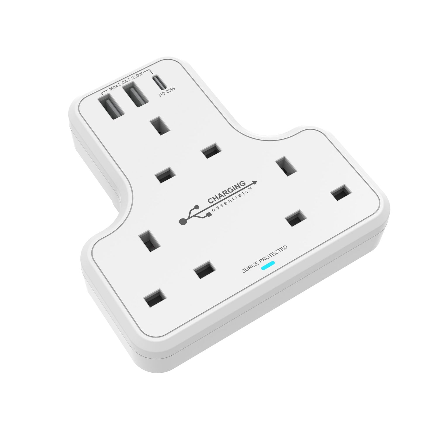 Three way Socket Adaptor with USB A & C Chargers Surge Protected 3 Sockets