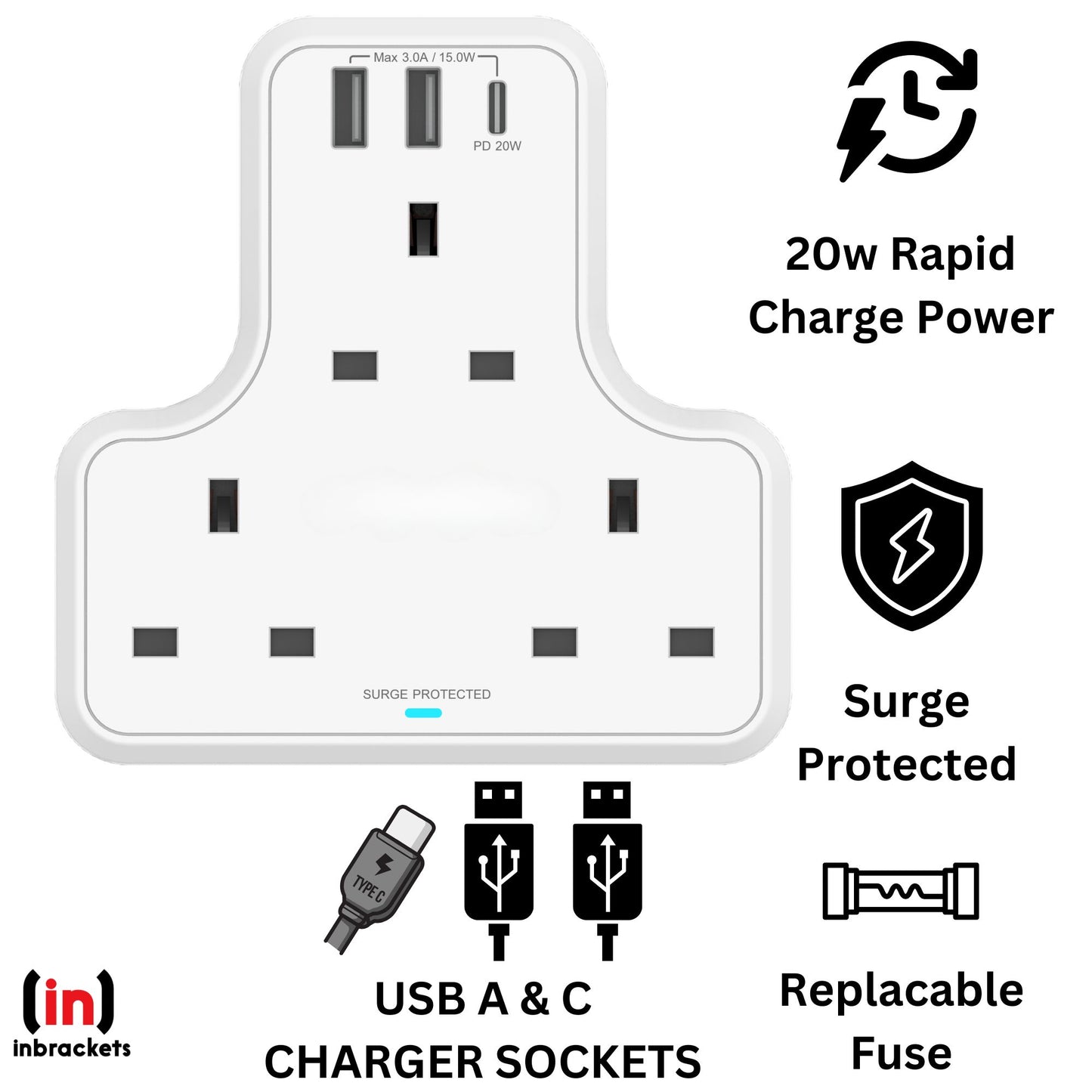 Three way Socket Adaptor with USB A & C Chargers Surge Protected 3 Sockets