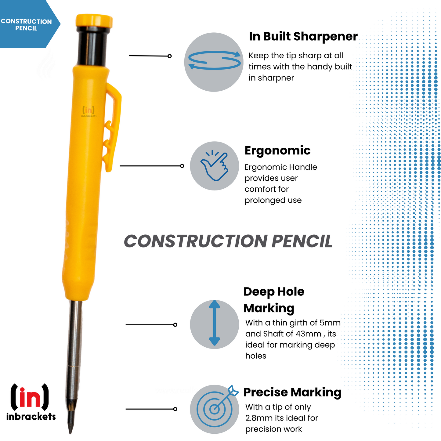 inbrackets Carpenters Pencil Set With 12 Solid Leads | Construction Marking Pencil | Deep Hole Marker Mechanical Pencil Set Tradesman Pencil For Joiner Electrician Diy Woodwork Builder | Pack of 2