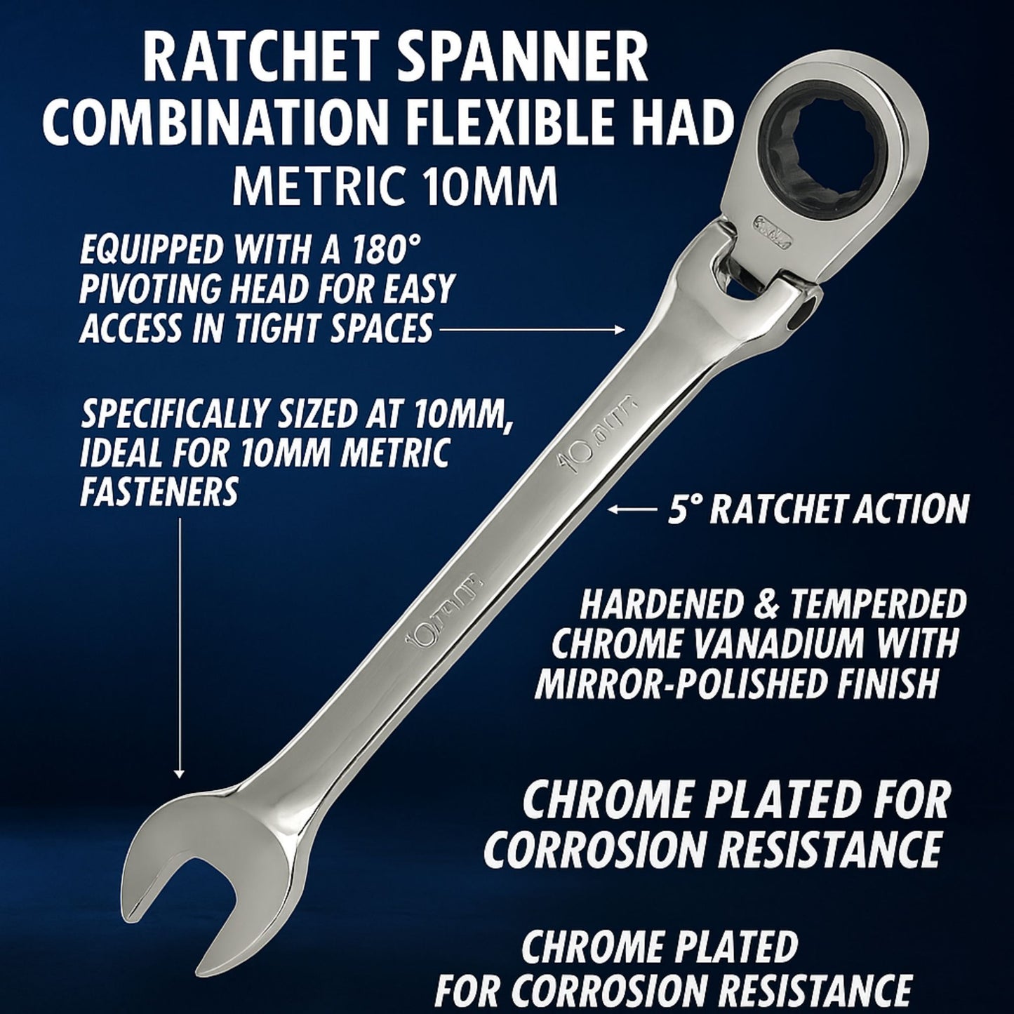10mm Flexi Head Ratchet Spanner Combination Ring Open End Wrench Flex 72 Teeth