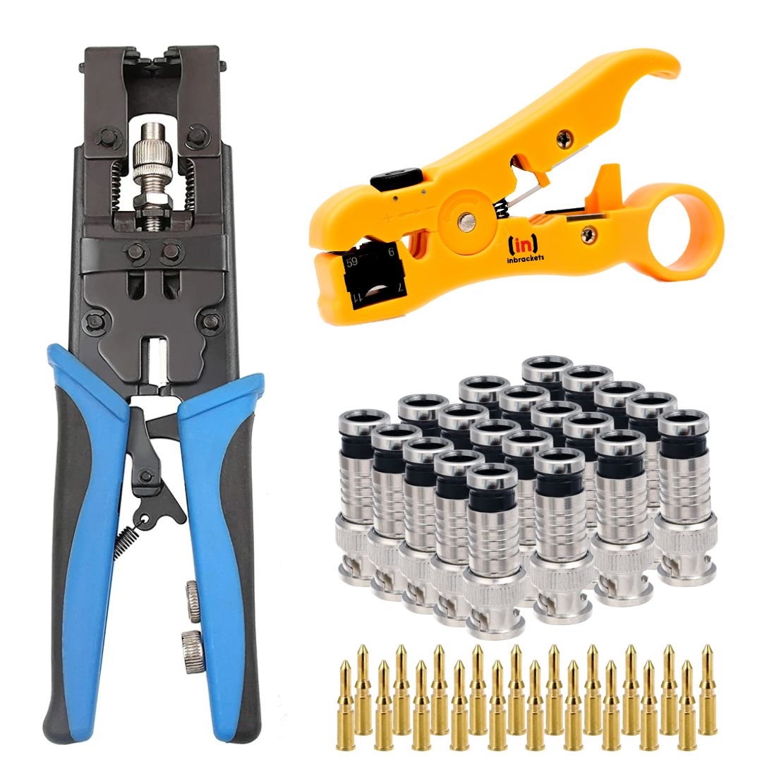 BNC Compression Tool with 20 BNC Compression Connectors & Coax Cable Stripper - Professional