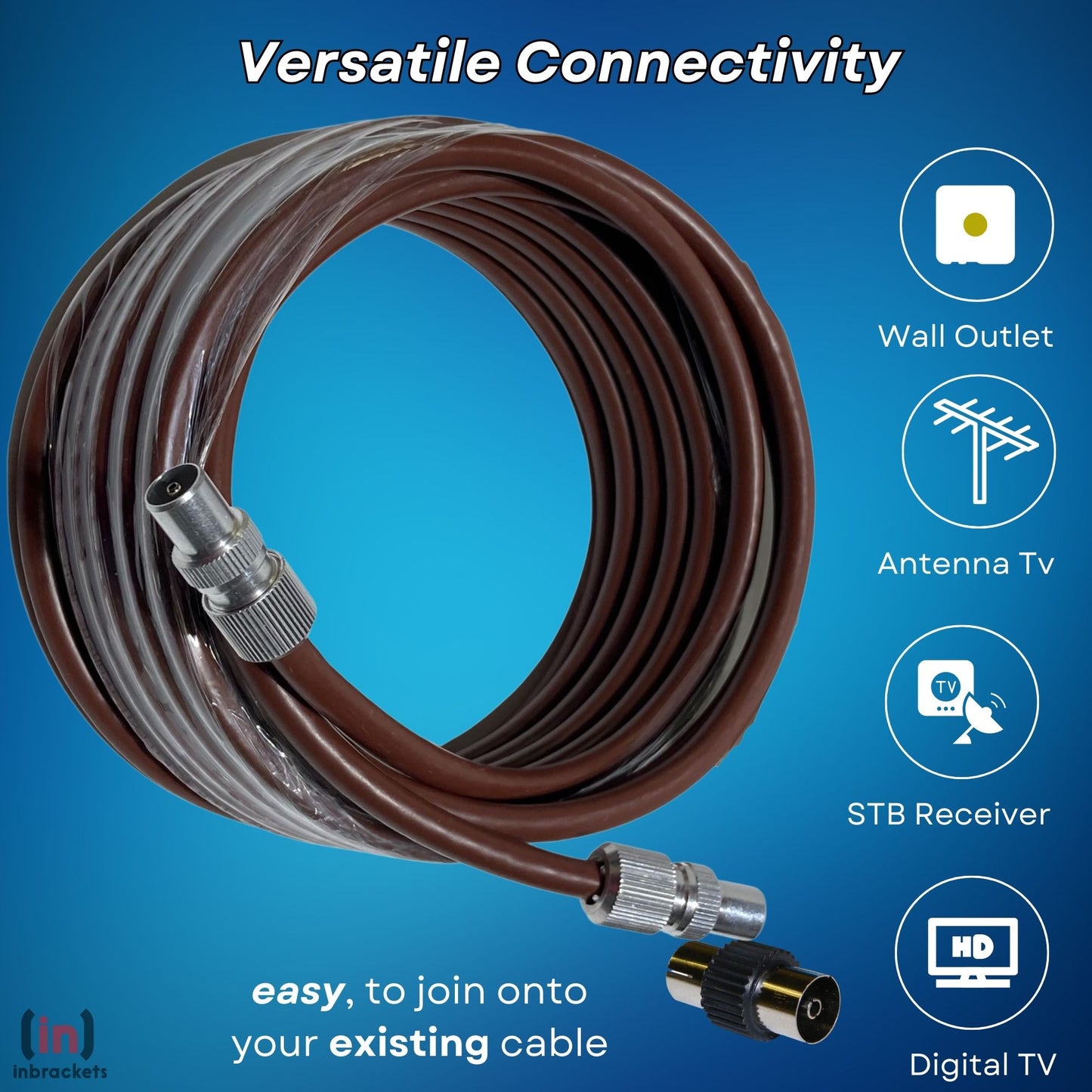 Tv Aerial Coax Cable RF Lead Male Plug to Plug with Coupler (Brown)