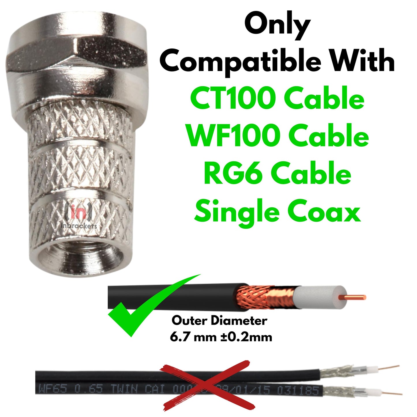 F-Type Connector Pack: Easy Twist-On Screw Connectors for RG6, WF100, CT100 Single Coaxial Cable - Set of 10