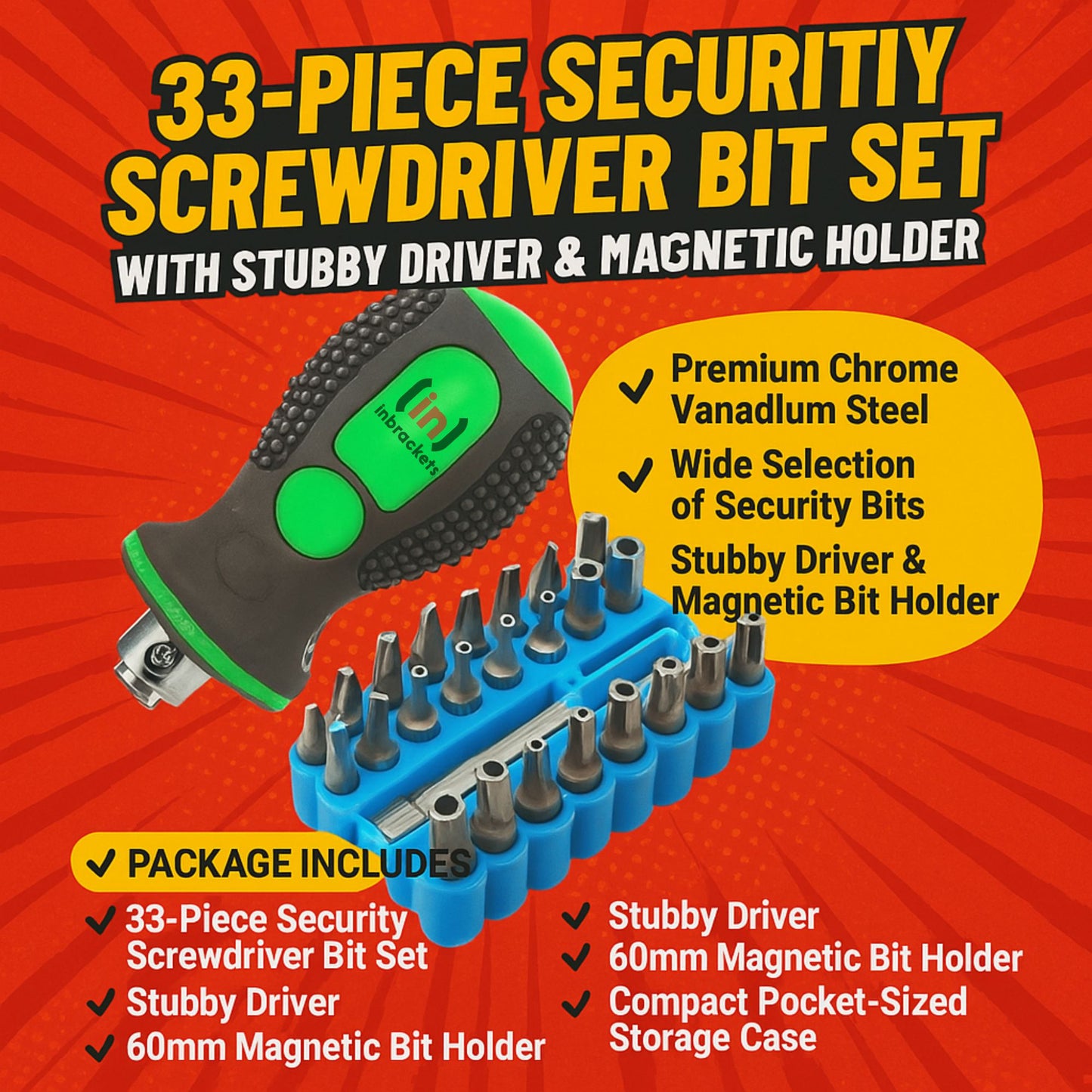 33 Piece Security Bit Set 25mm 1/4" Bits Heavy-Duty Storage Case Screwdriver kit