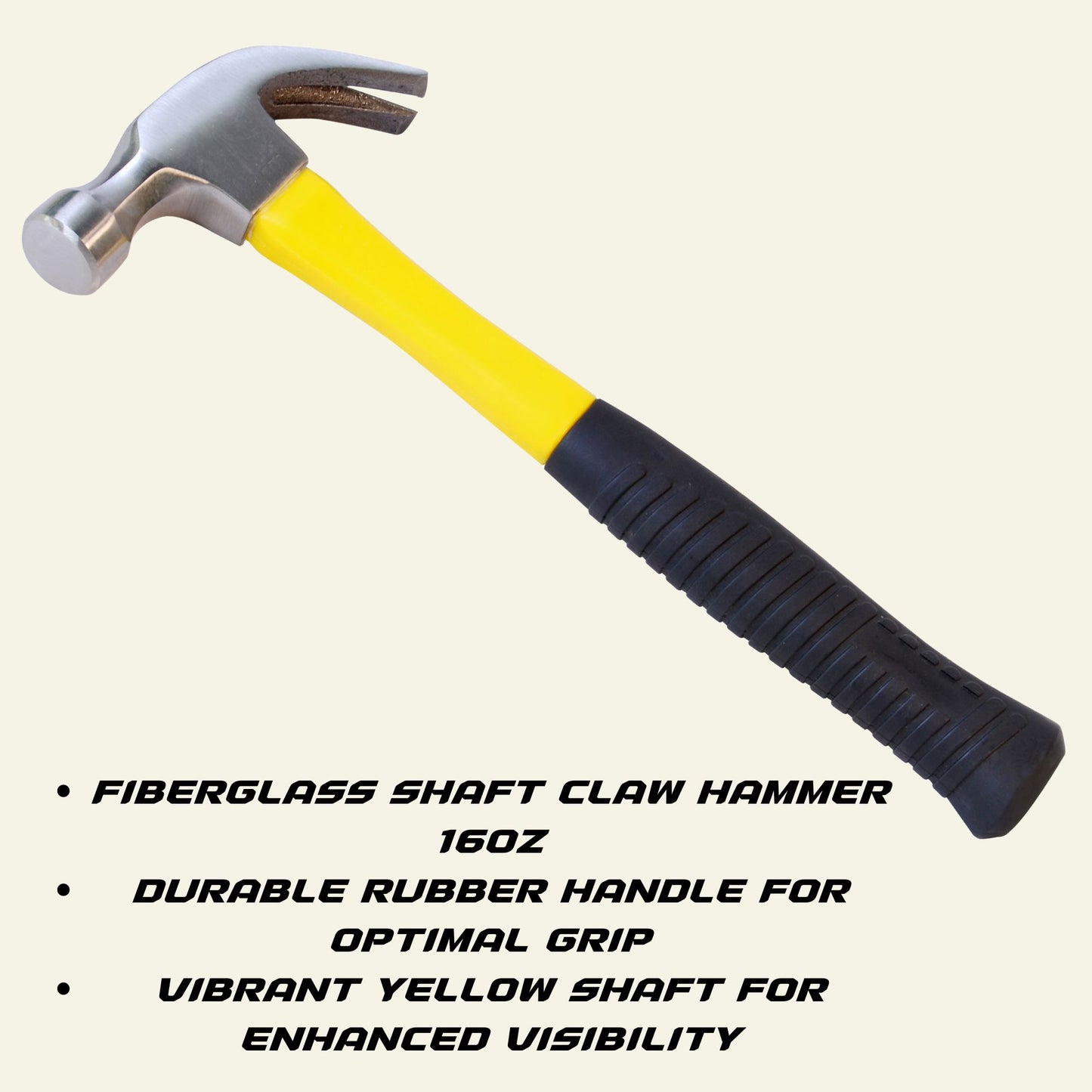 Fiberglass Claw Hammer 16oz Durable Grip High Visibility