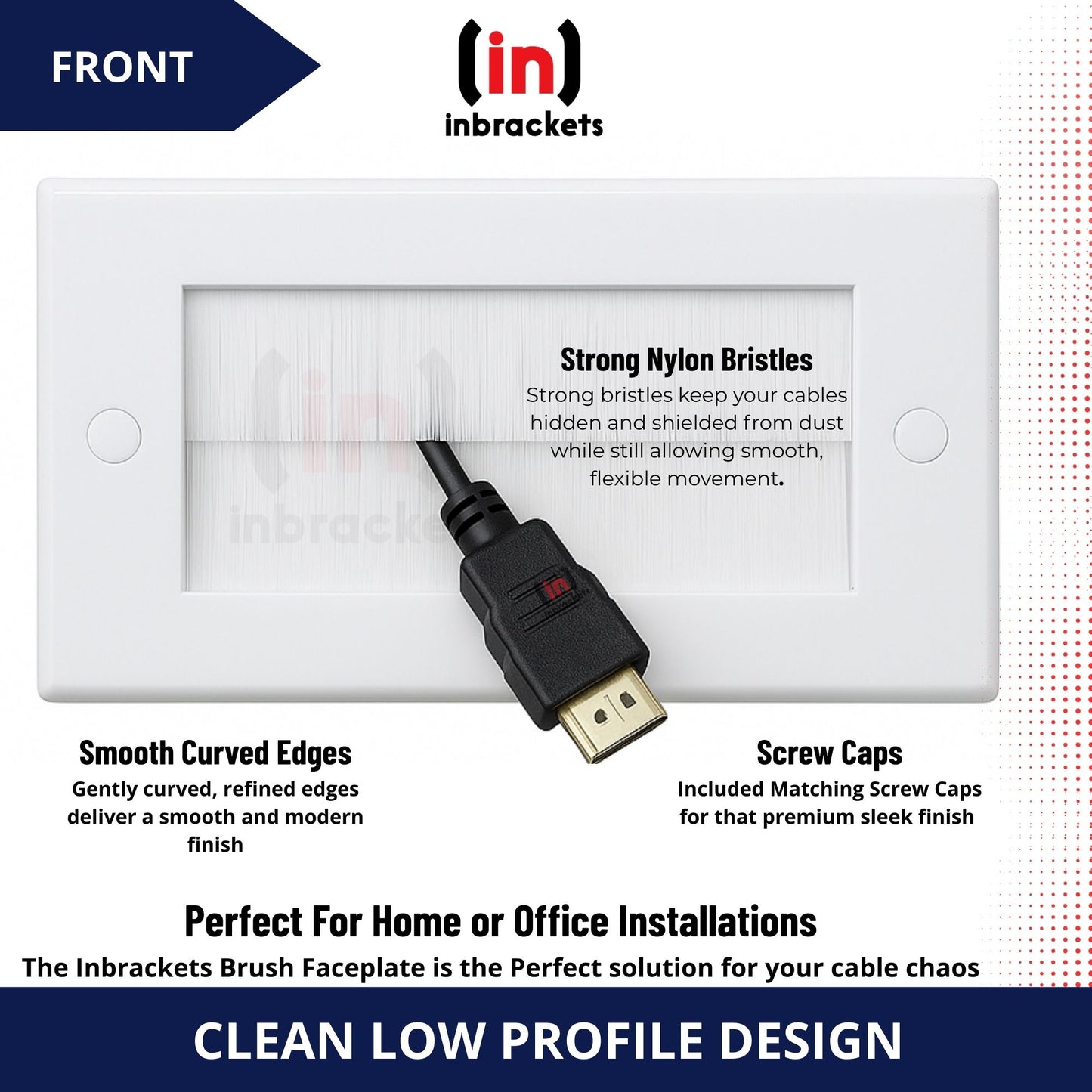 Versatile Brush Faceplate Cable Exit/Entry Wall Cover - Choose Single or Double Gang, Black or White