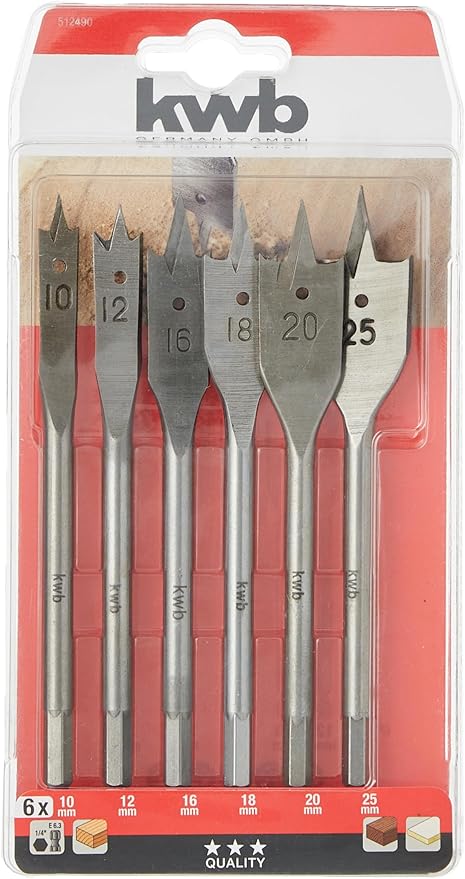 kwb 6-Piece Flat Drill Set for Wood 10–25mm C45 Steel