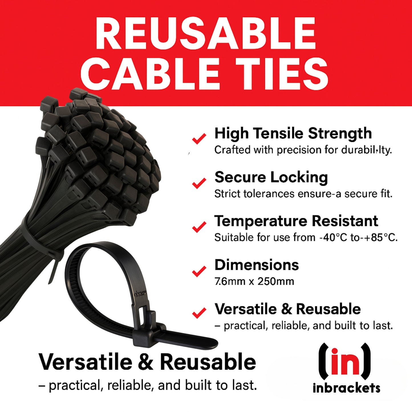 RELEASABLE REUSABLE CABLE TIES BLACK STRONG ZIP TIE WRAPS PLASTIC NYLON