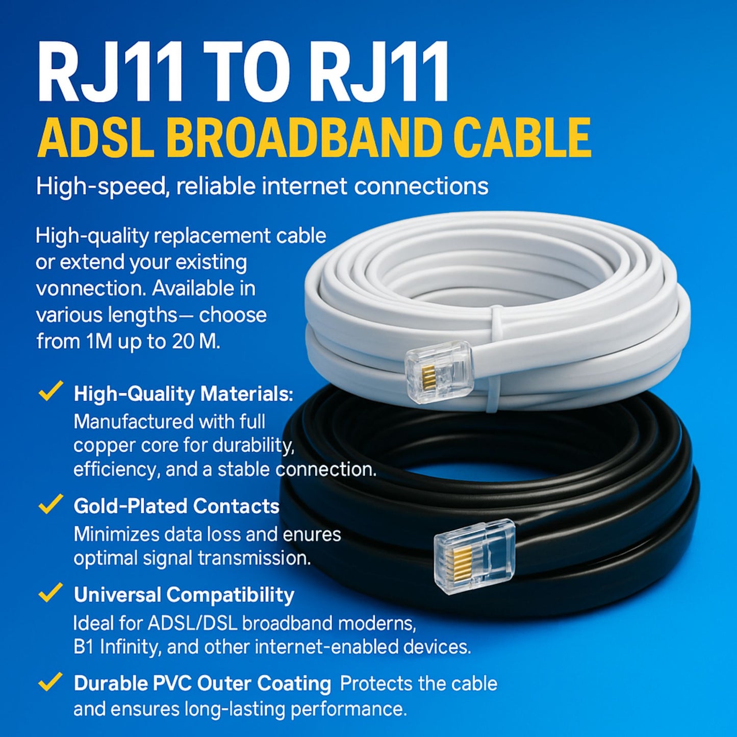 RJ11 to RJ11 Cable ADSL BT SKY Broadband Modem Internet DSL High-Speed Internet