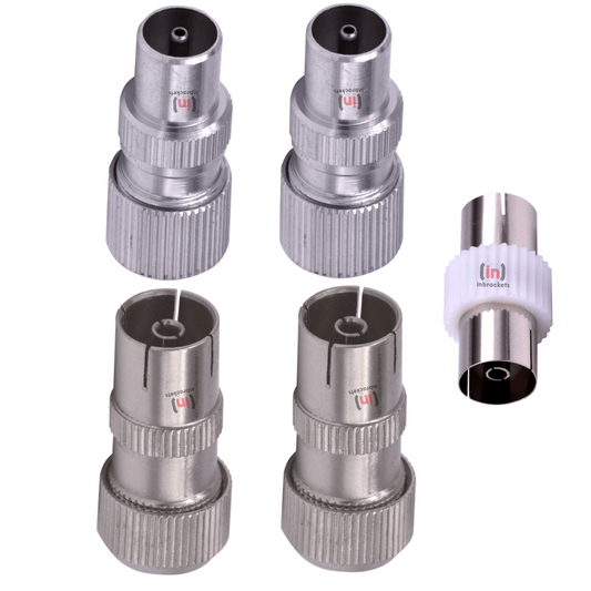 Aerial Coaxial Cable Connector Set - 2 Female & 2 Male TV Aerial Connectors with Coupler - Coaxial RF Cable Plug Kit (5-Piece)