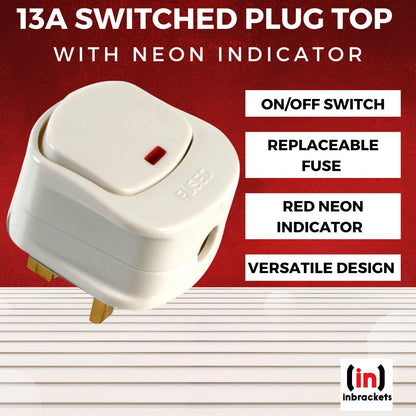 13A Switched Plug Top with Red Neon Indicator - Mains Plug Switch for Easy Appliance Control (Black/White)