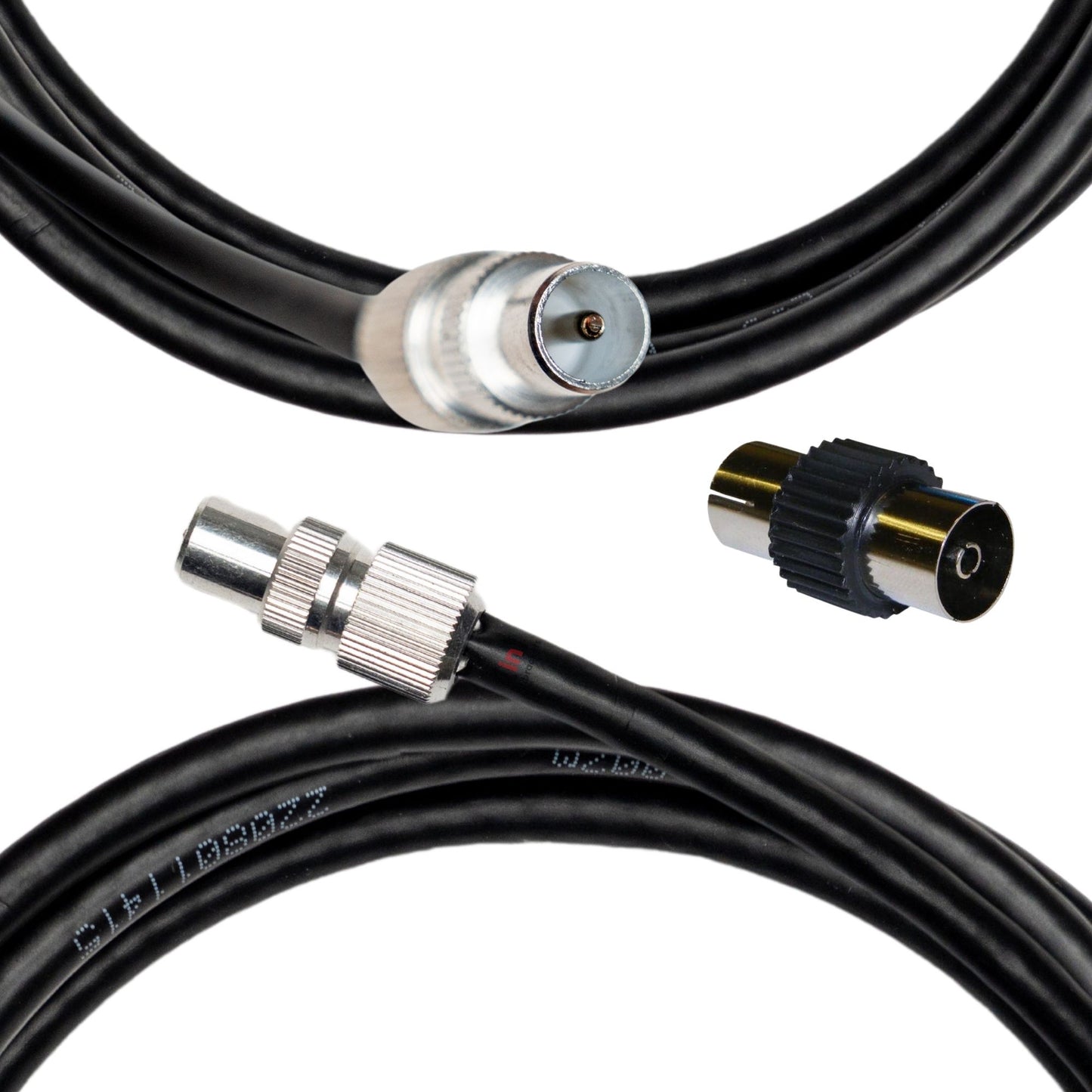 A black TV aerial coax cable with a male plug on one end and a female coupler on the other, along with two male connectors on the cable.