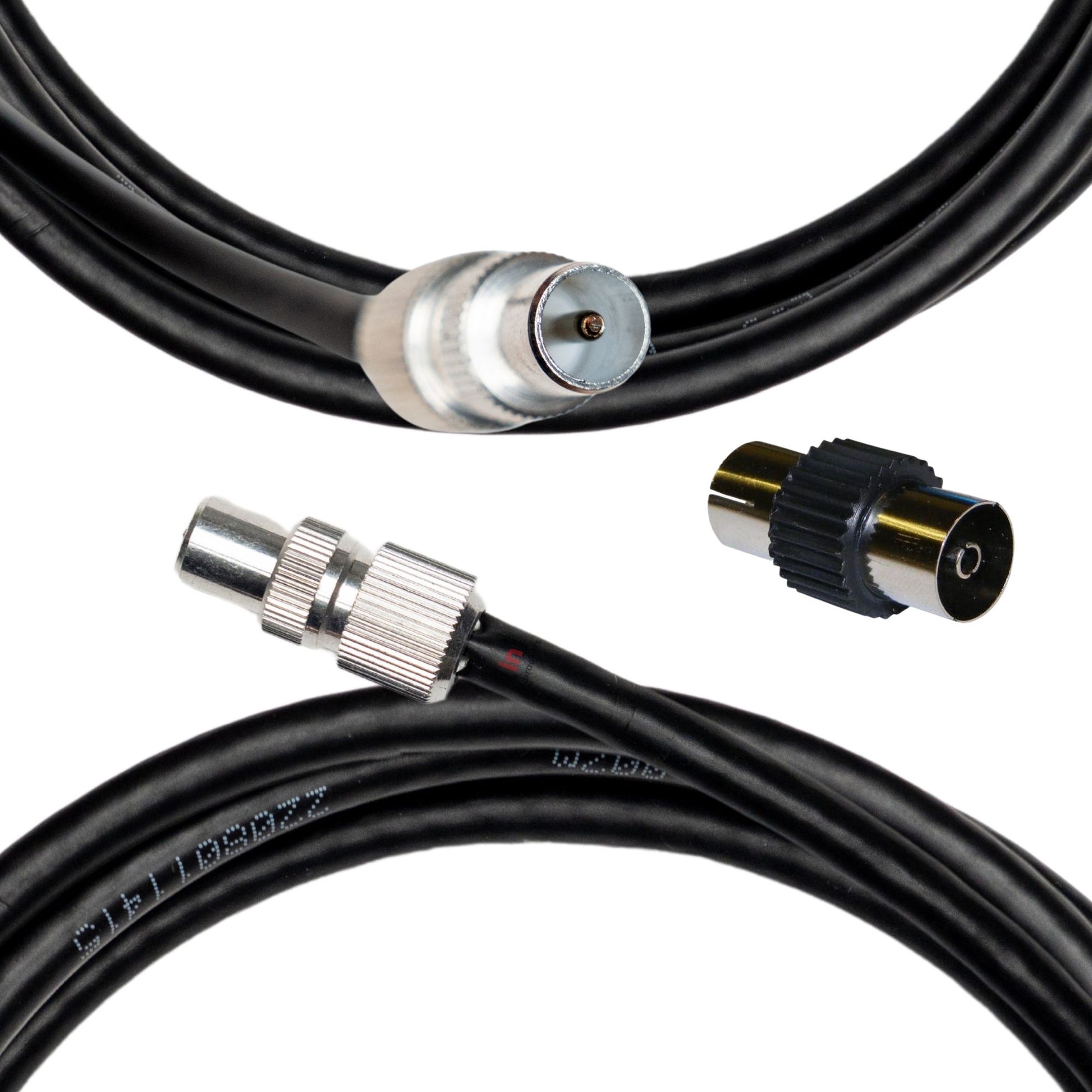 A black TV aerial coax cable with a male plug on one end and a female coupler on the other, along with two male connectors on the cable.