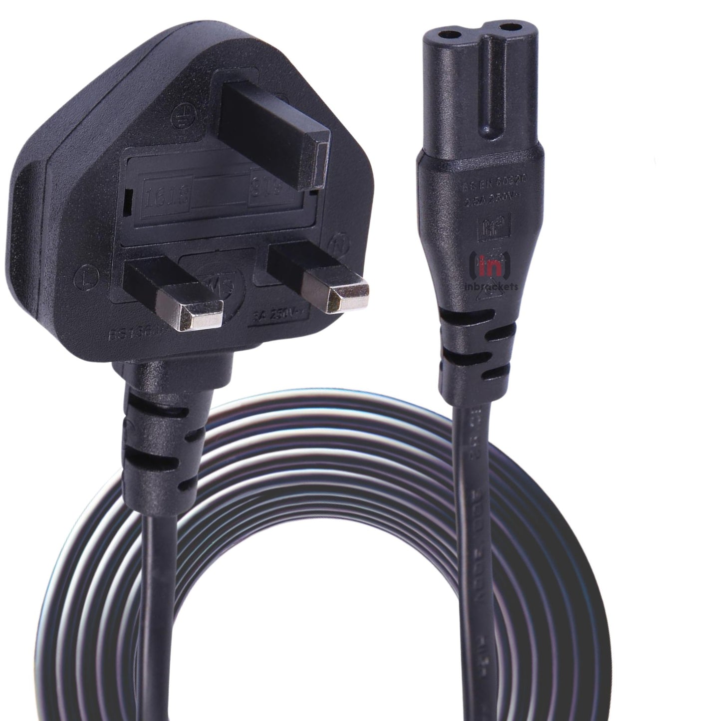 black UK mains plug to C7 lead, suitable for multiple electronic devices. Image shows the plug and cable in close-up for detail
