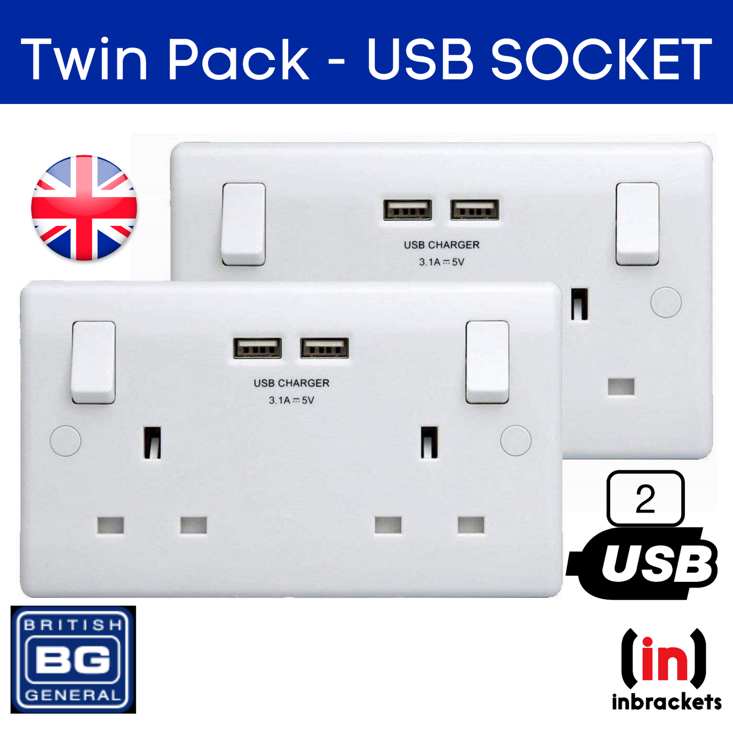 Double Wall Plug Socket 2 Gang 13A with 2 USB Charger Port Outlets White Plate - Pack of 2