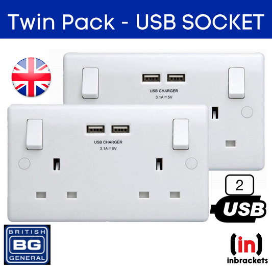 Double Wall Plug Socket 2 Gang 13A with 2 USB Charger Port Outlets White Plate  - Pack of 2