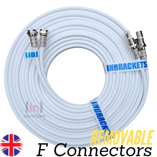 Sky Cable Extension Twin Coax Removable F plugs Q Satellite coaxial lead inc Clips WHITE
