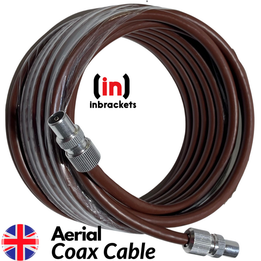 TV Aerial Coax Cable RF Lead Male Plug to Plug with Coupler - brown 10 Metres