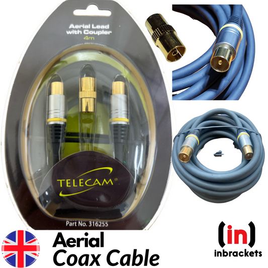 Tv Aerial Coax Cable RF Lead Male Plug to Plug with Coupler Black 4Metres
