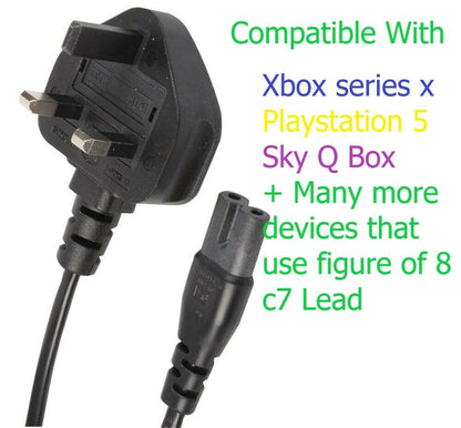 Figure 8 C7 UK Power Cable FOR XBOX X SERIES PLAYSTATION 5 SKY Q Mains Lead Plug