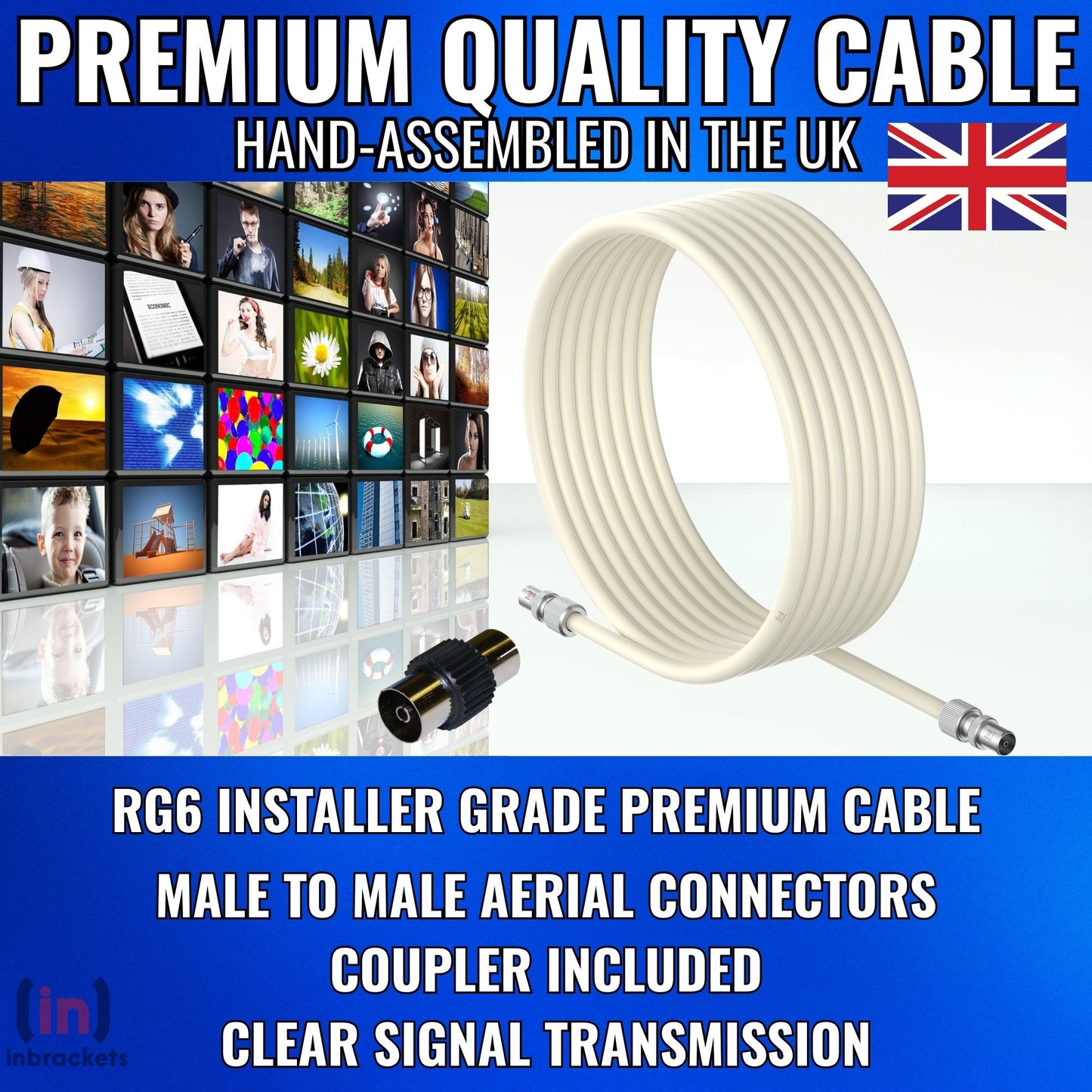 Tv Aerial Coax Cable RF Lead Male Plug to Plug with Coupler (White)