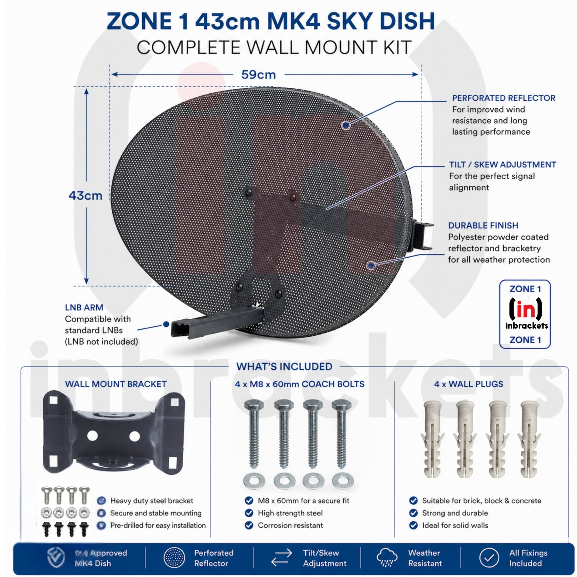 Inbrackets Satellite Dish Zone 1 Steel Elliptical Mk4 for Freesat or Sky Dish Kit No LNB product image 3
