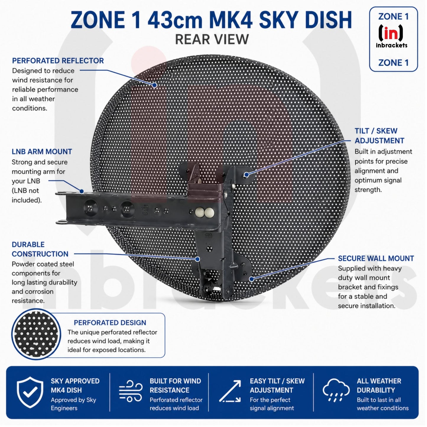 Inbrackets Satellite Dish Zone 1 Steel Elliptical Mk4 for Freesat or Sky Dish Kit No LNB product image 4