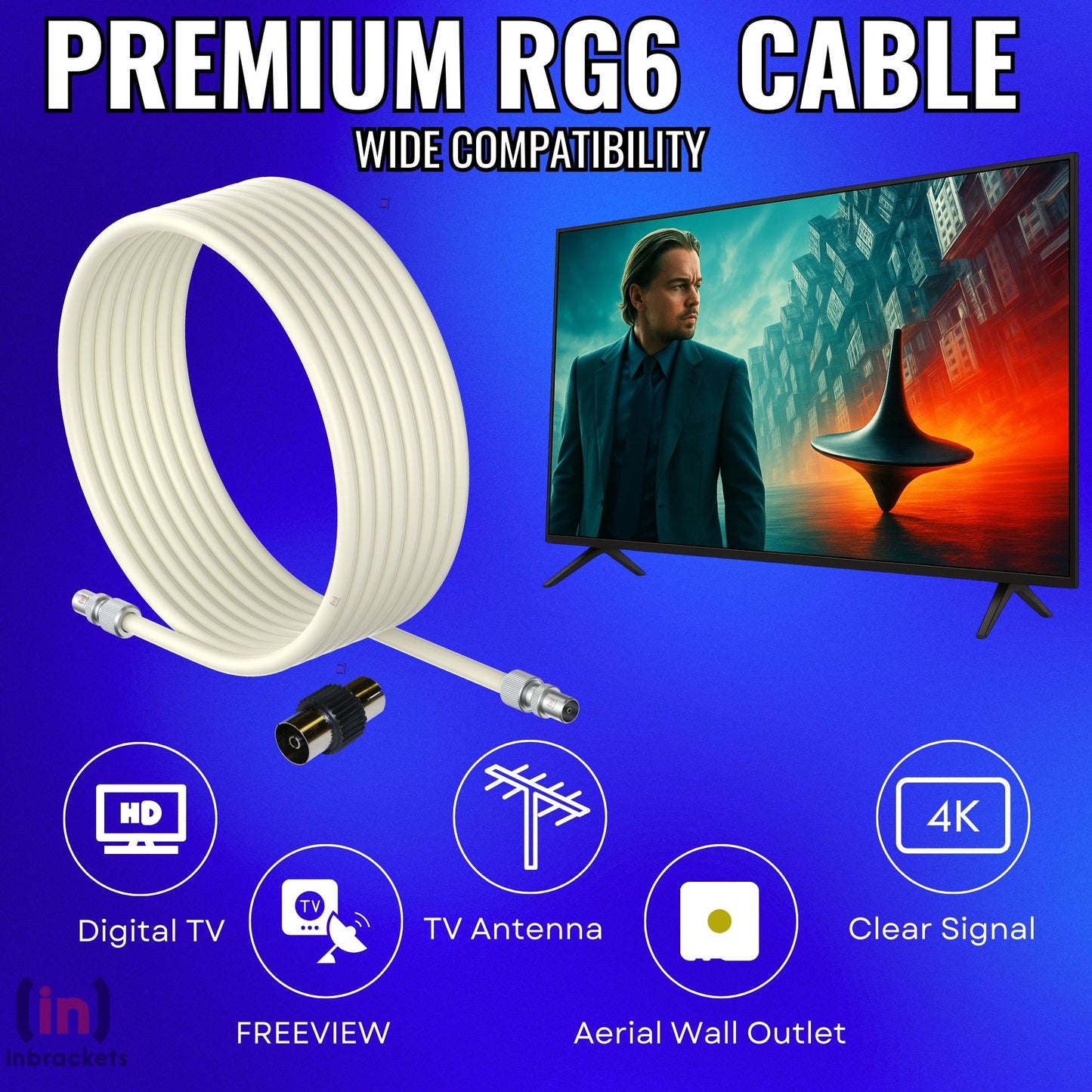 Tv Aerial Coax Cable RF Lead Male Plug to Plug with Coupler (White)