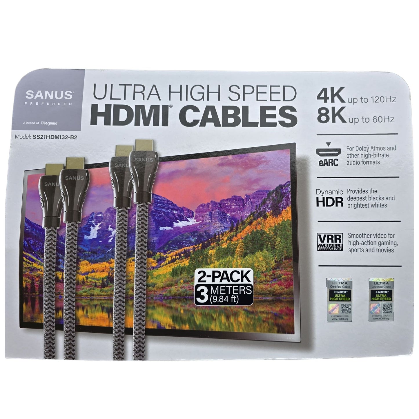 Sanus 8K Ultra High Speed HDMI Cable 3 Metre SS21HDMI32 PROFESSIONAL HDMI PACK of 2