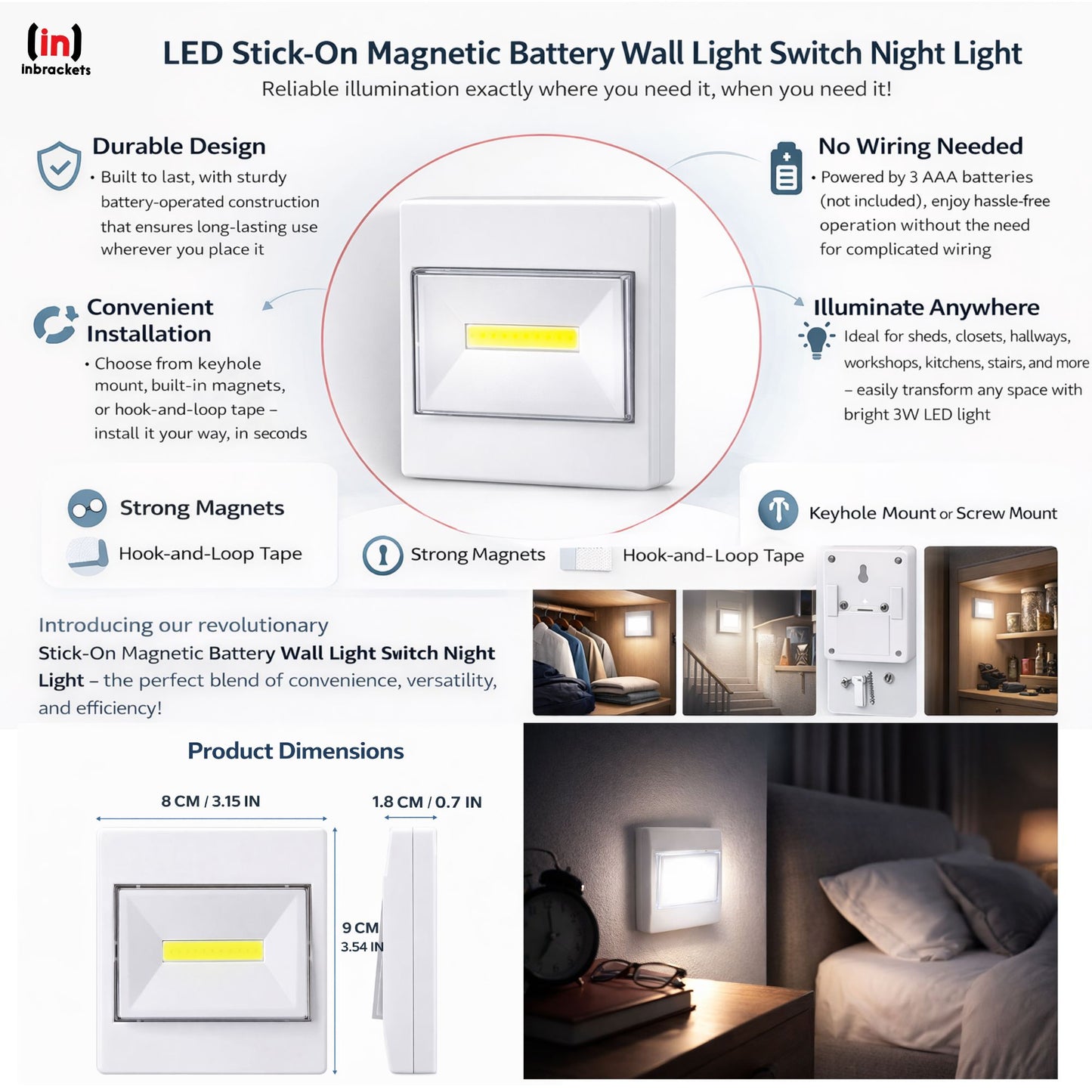 LED STICK ON  BATTERY WALL LIGHT SWITCH NIGHTLIGHT SHED CLOSET BRIGHT 3w