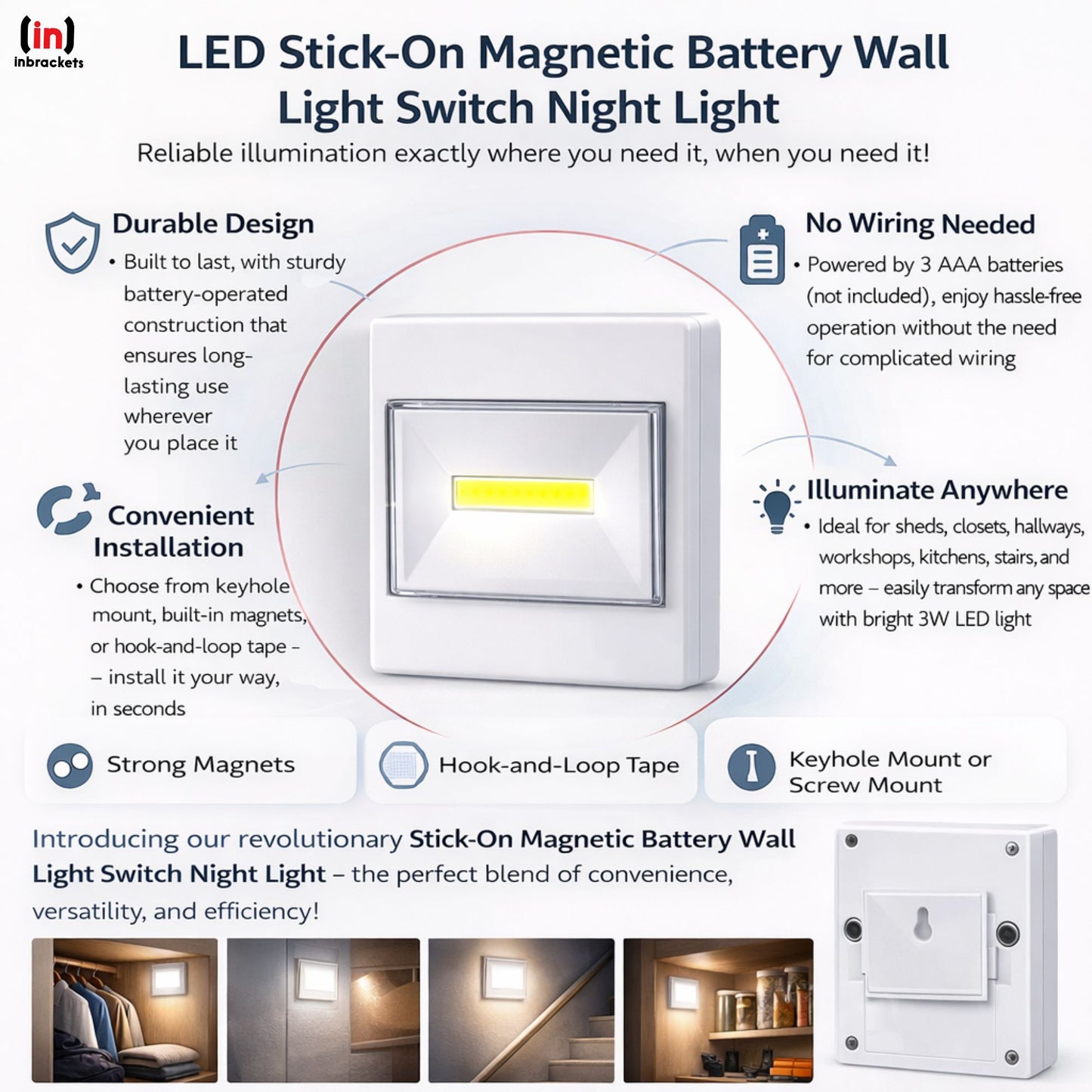 LED STICK ON  BATTERY WALL LIGHT SWITCH NIGHTLIGHT SHED CLOSET BRIGHT 3w