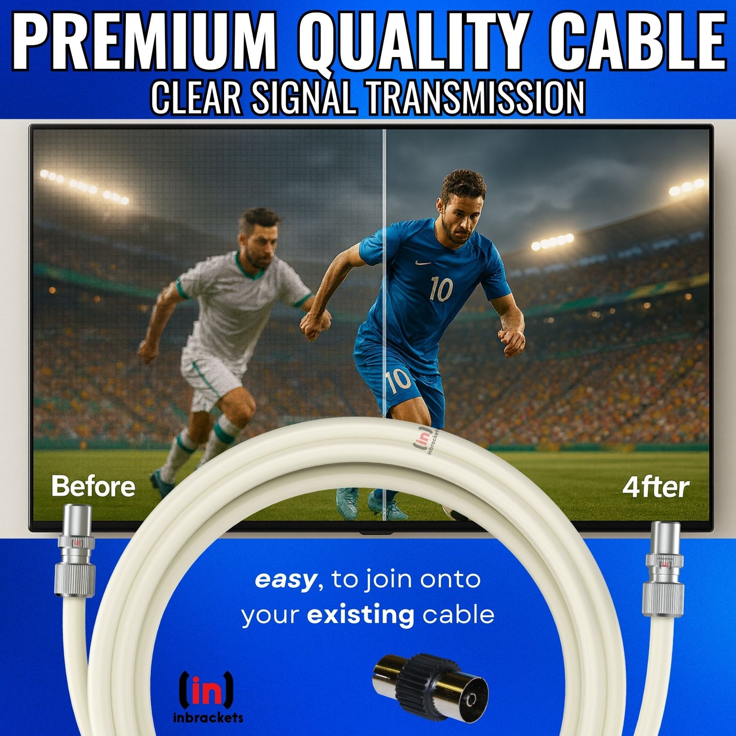 Tv Aerial Coax Cable RF Lead Male Plug to Plug with Coupler (White)