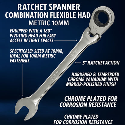 10mm Flexi Head Ratchet Spanner Combination Ring Open End Wrench Flex 72 Teeth