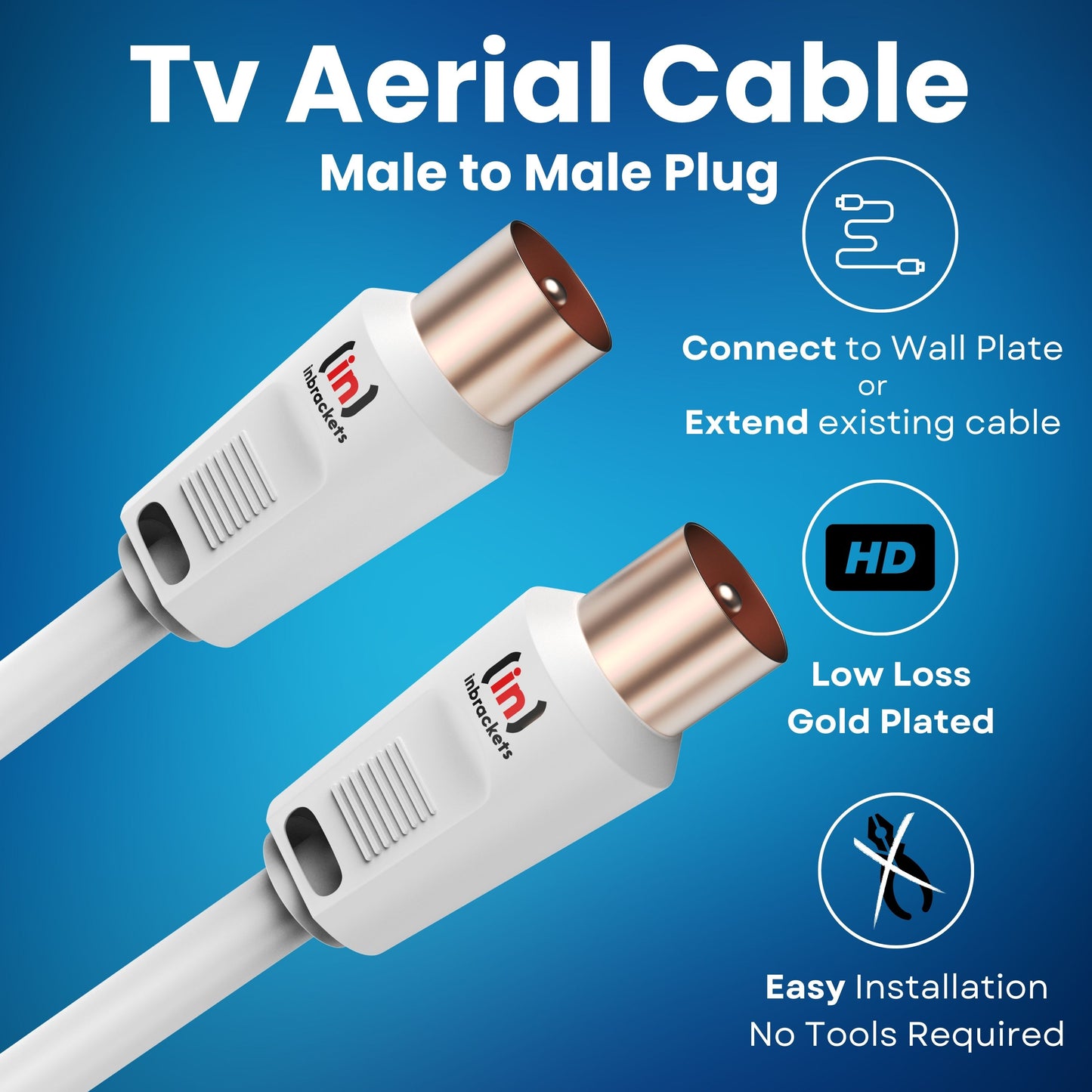 TV Aerial Coaxial Cable Male to Male - 75 Ohm, Shielded Connectors, Gold Plated for Satellite, Digital TV, and Antenna White