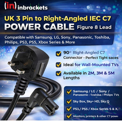 Inbrackets UK Plug to Figure 8 C7 Power Lead 90 Degree Right Angle