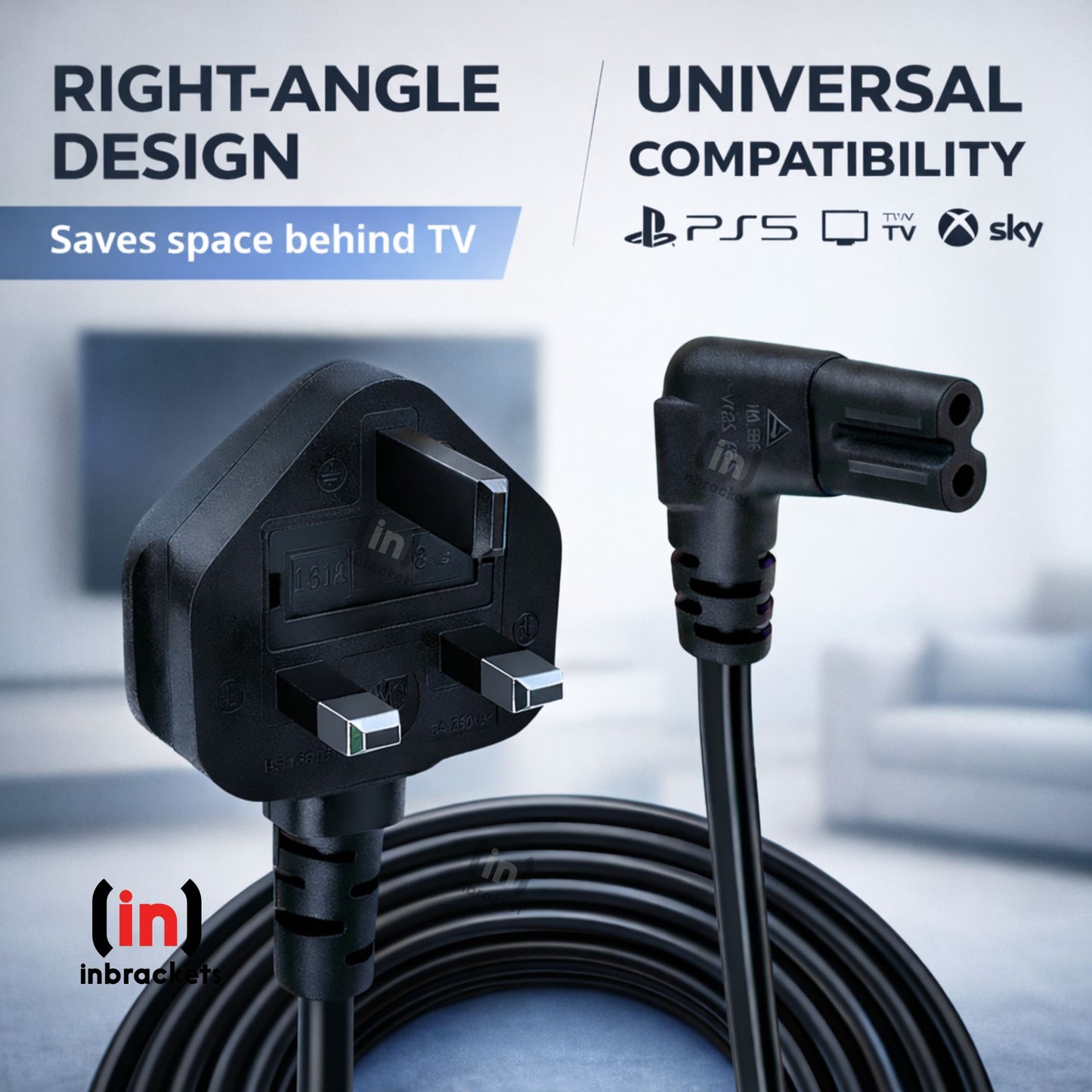 Inbrackets UK Plug to Figure 8 C7 Power Lead 90 Degree Right Angle