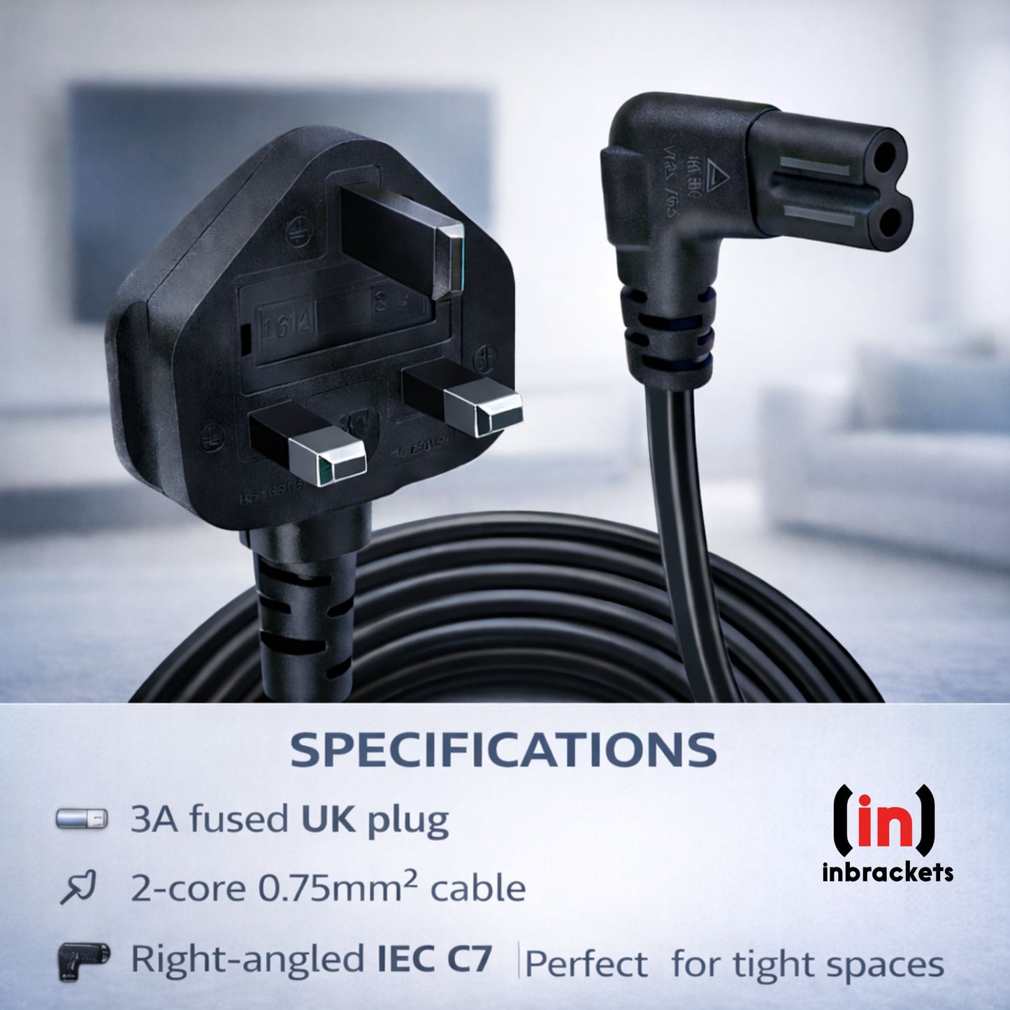 Inbrackets UK Plug to Figure 8 C7 Power Lead 90 Degree Right Angle