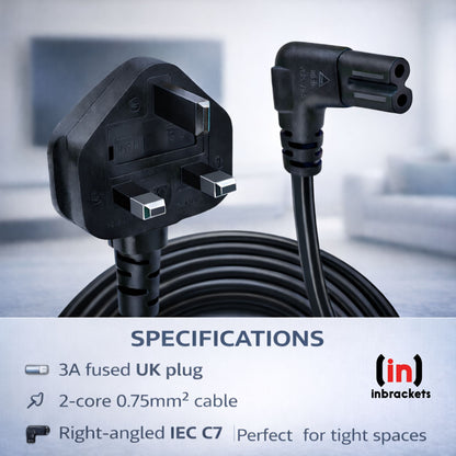 Inbrackets UK Plug to Figure 8 C7 Power Lead 90 Degree Right Angle