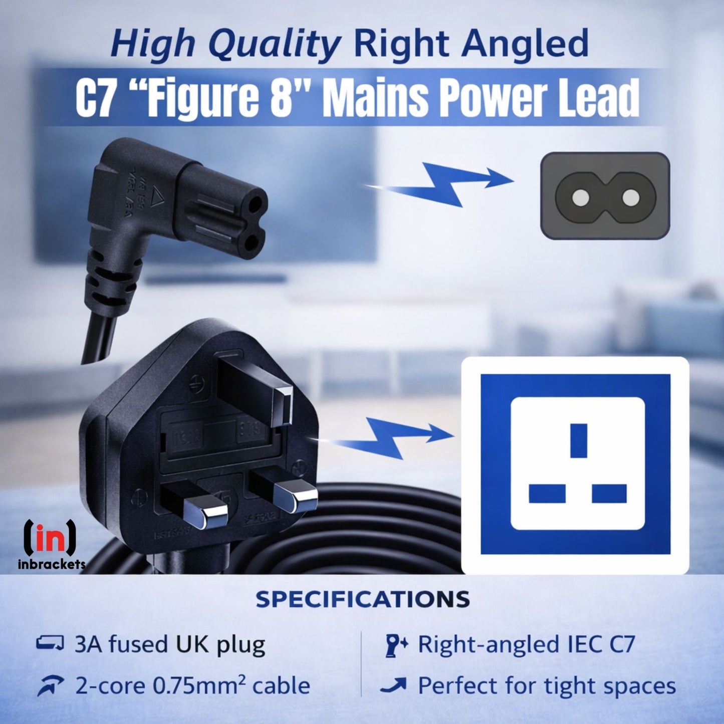 Inbrackets UK Plug to Figure 8 C7 Power Lead 90 Degree Right Angle