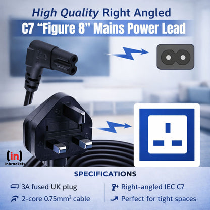 Inbrackets UK Plug to Figure 8 C7 Power Lead 90 Degree Right Angle
