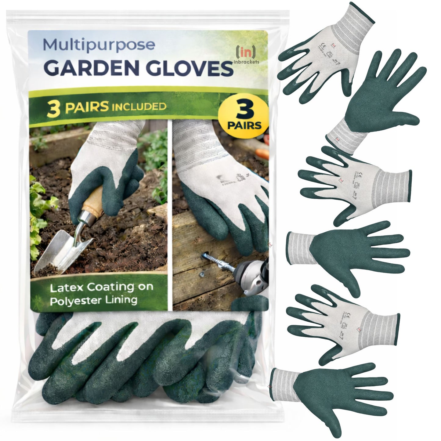 Inbrackets Gardening Gloves 3 Pack Latex Foam Grip