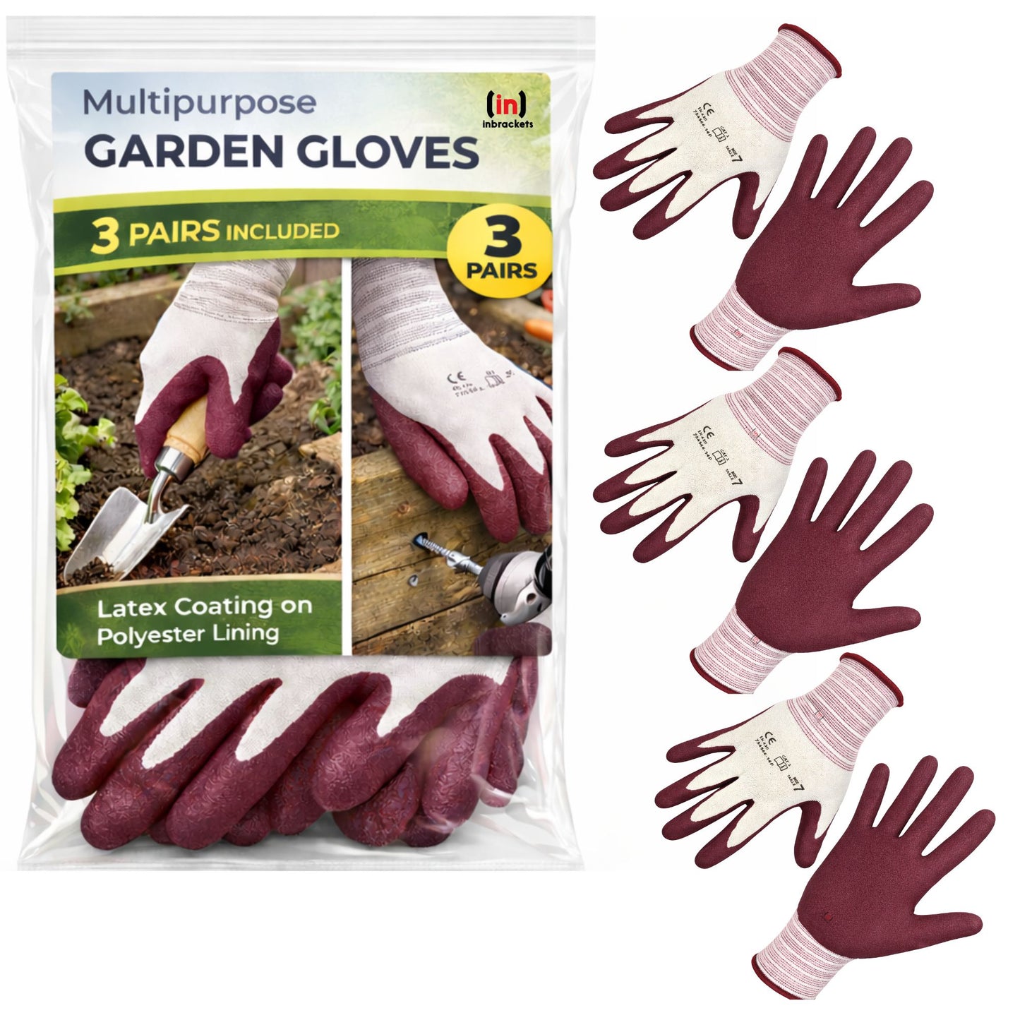 Inbrackets Gardening Gloves 3 Pack Latex Foam Grip