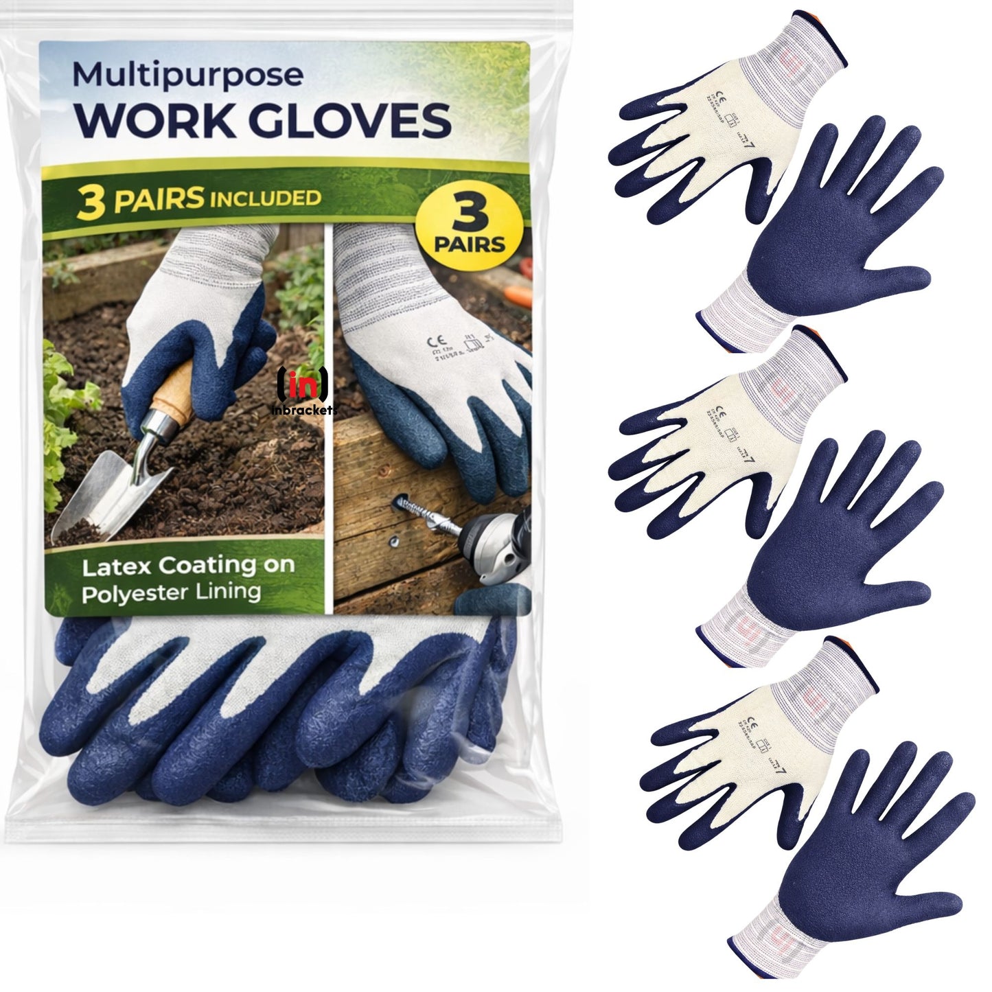 Inbrackets Gardening Gloves 3 Pack Latex Foam Grip
