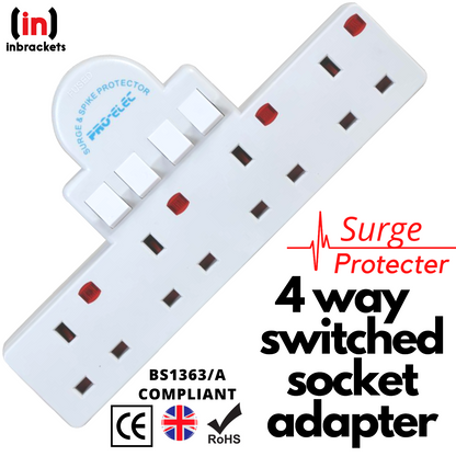 4 Way Wall Socket Adaptor Surge Multi Plug In Mains Socket Adapter 13A Neon Switched