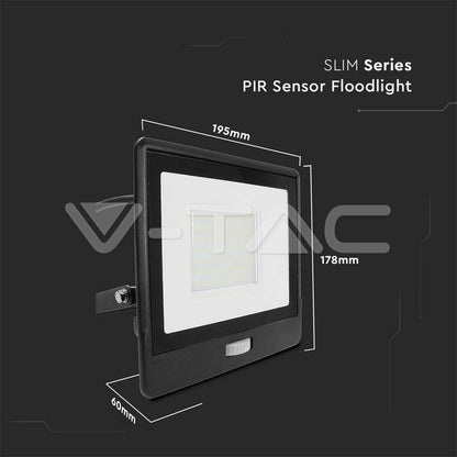 V-TAC 50W Slim PIR Floodlight 3000K 4000lm IP65 Die-Cast Aluminium