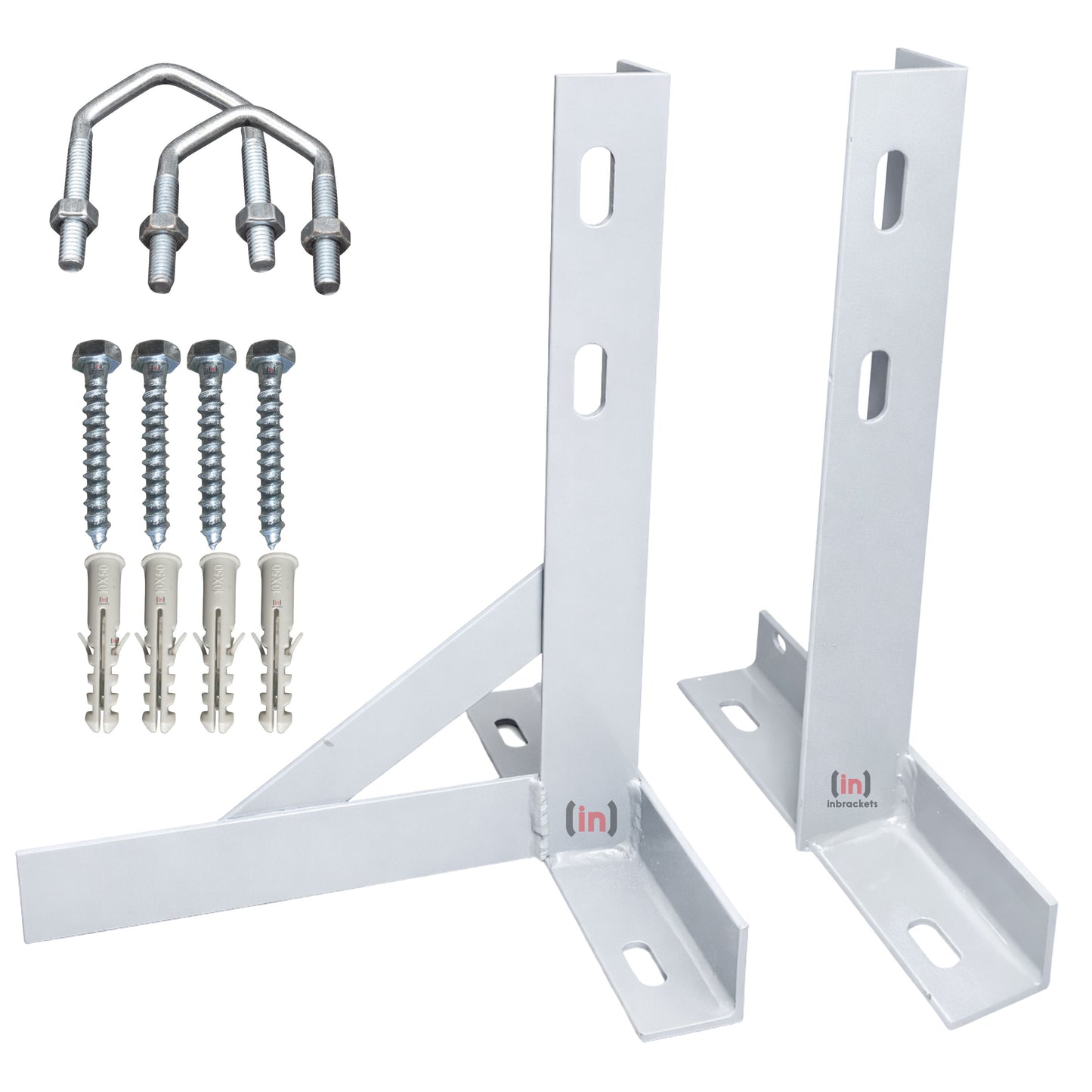 White metal brackets with screws and anchors on a white background