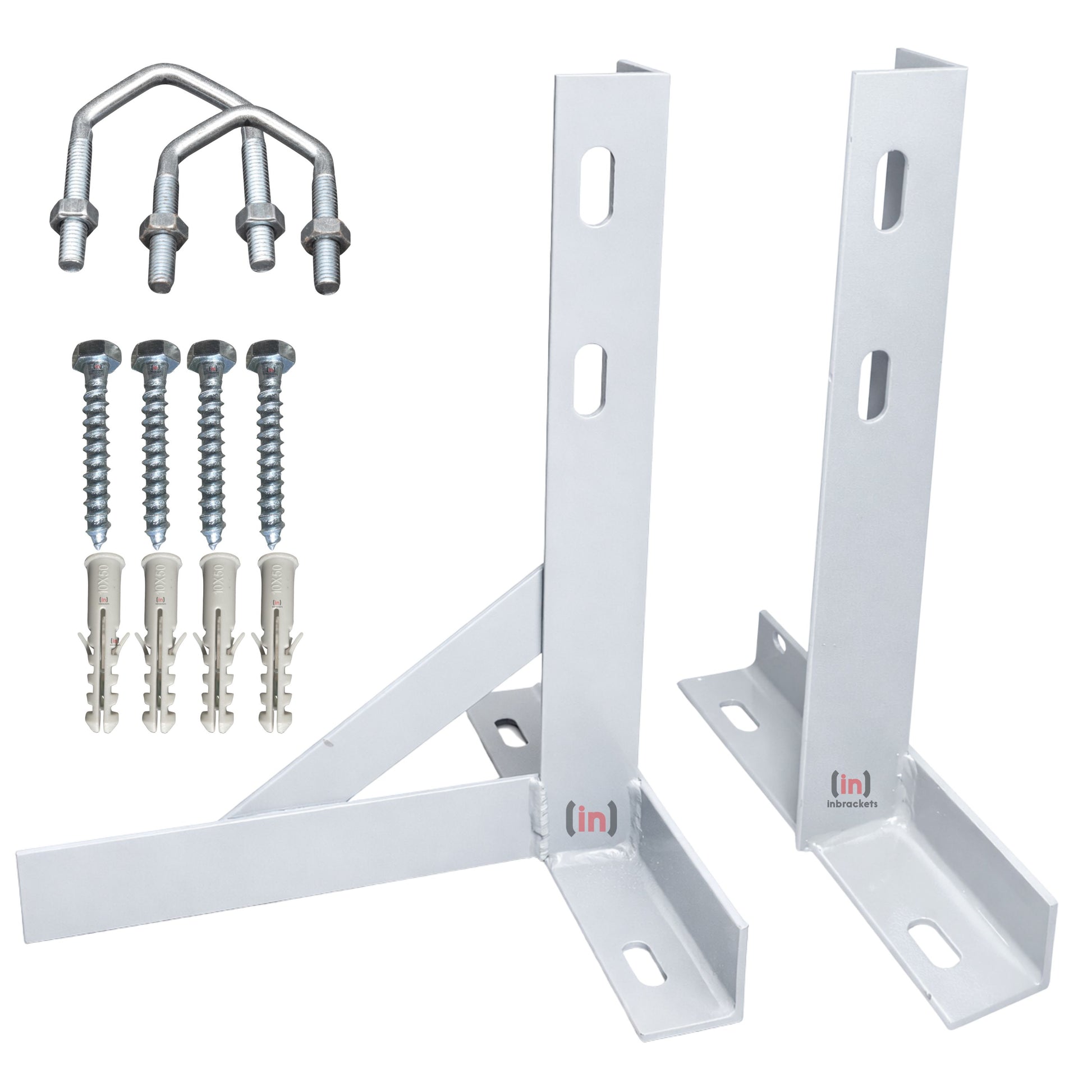 White metal brackets with screws and anchors on a white background