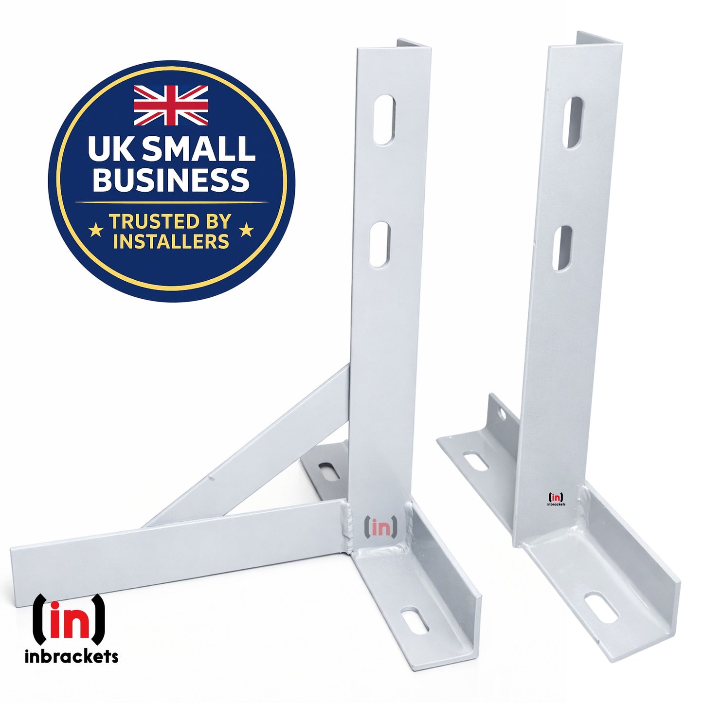 White metal brackets with 'in brackets' logo and UK Small Business Trusted by Installers badge on a white background.